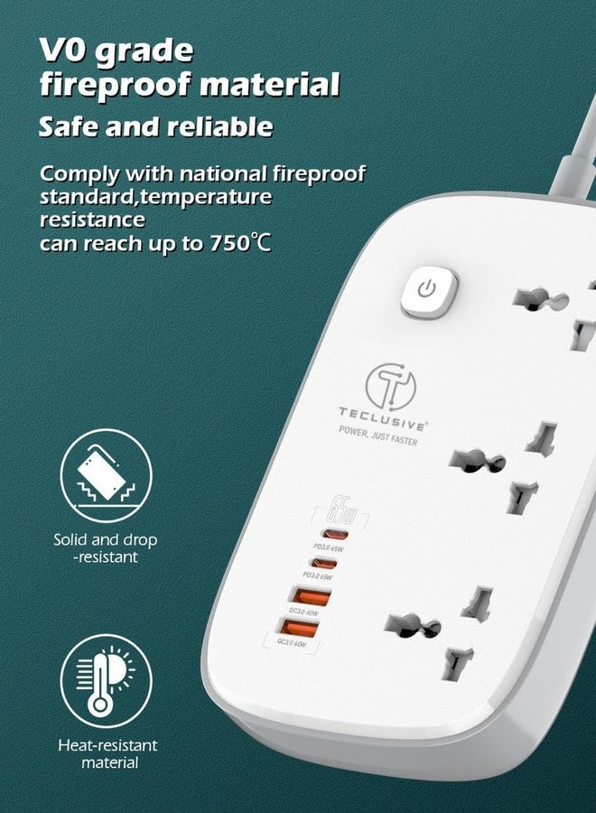 T Teclusive Power Strip Extension Board with Type C 65w Gan Fast Charging USB Ports | 3250W 3 Power Sockets 65w USB C PD QC | Multi Port Extension Surge Protector | 2M Power Cord - Image 3
